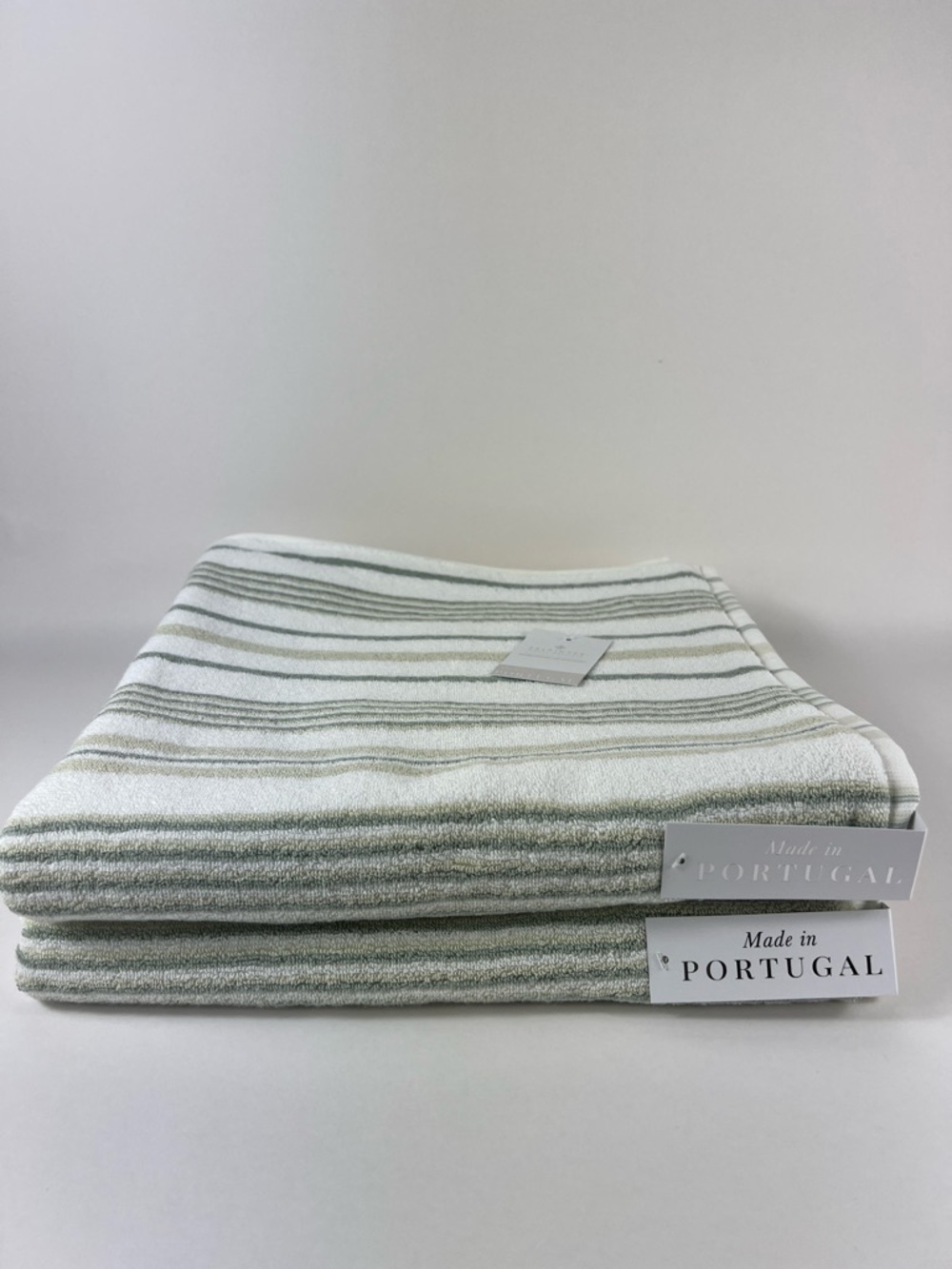 Felpinter Bath Towels Green Tan White Striped Soft Combed Cotton Set of 2 NEW